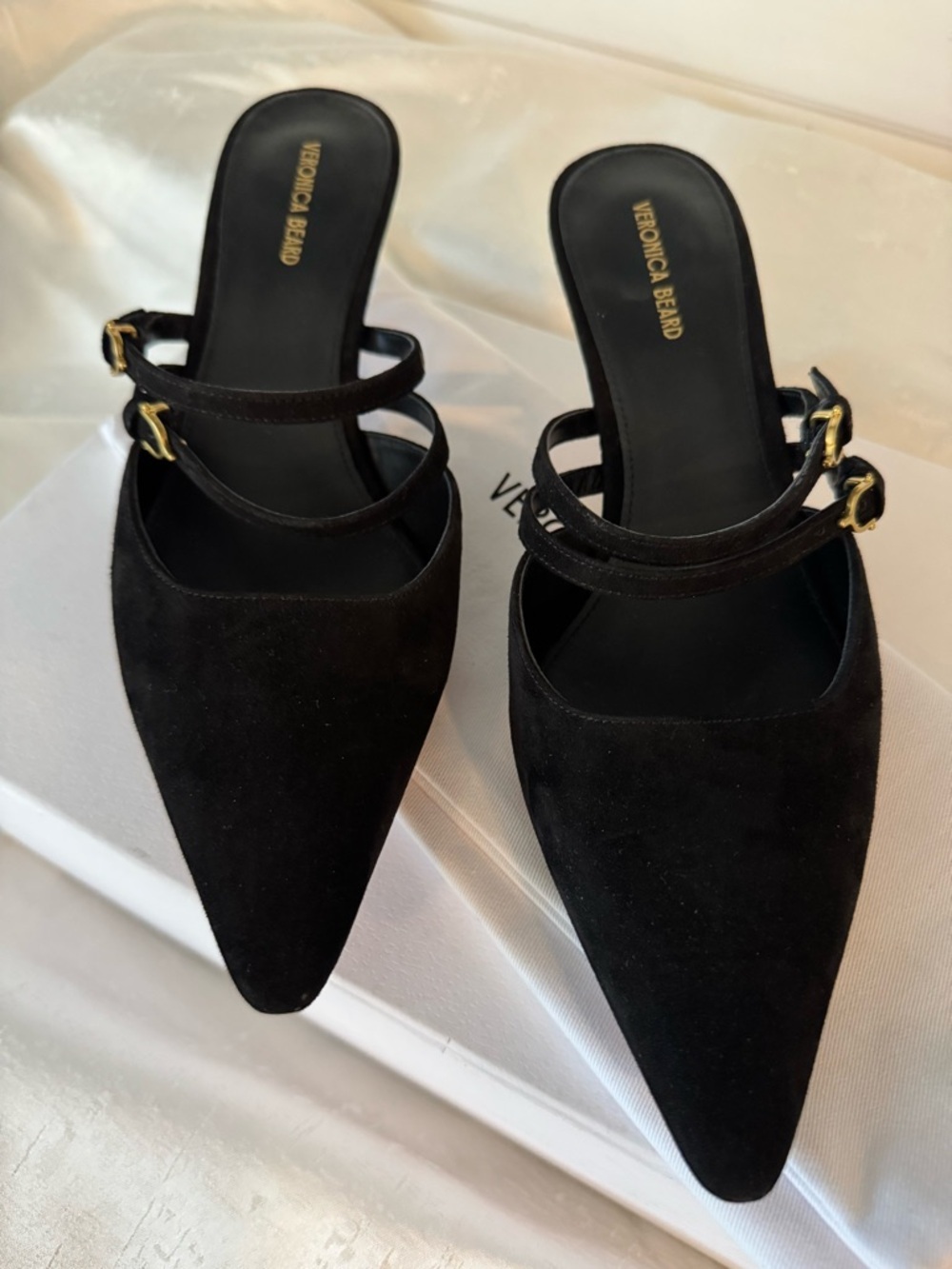 Veronica Beard Corrie Black Suede Strappy Mule Kitten Heels - Picture 11 of 15